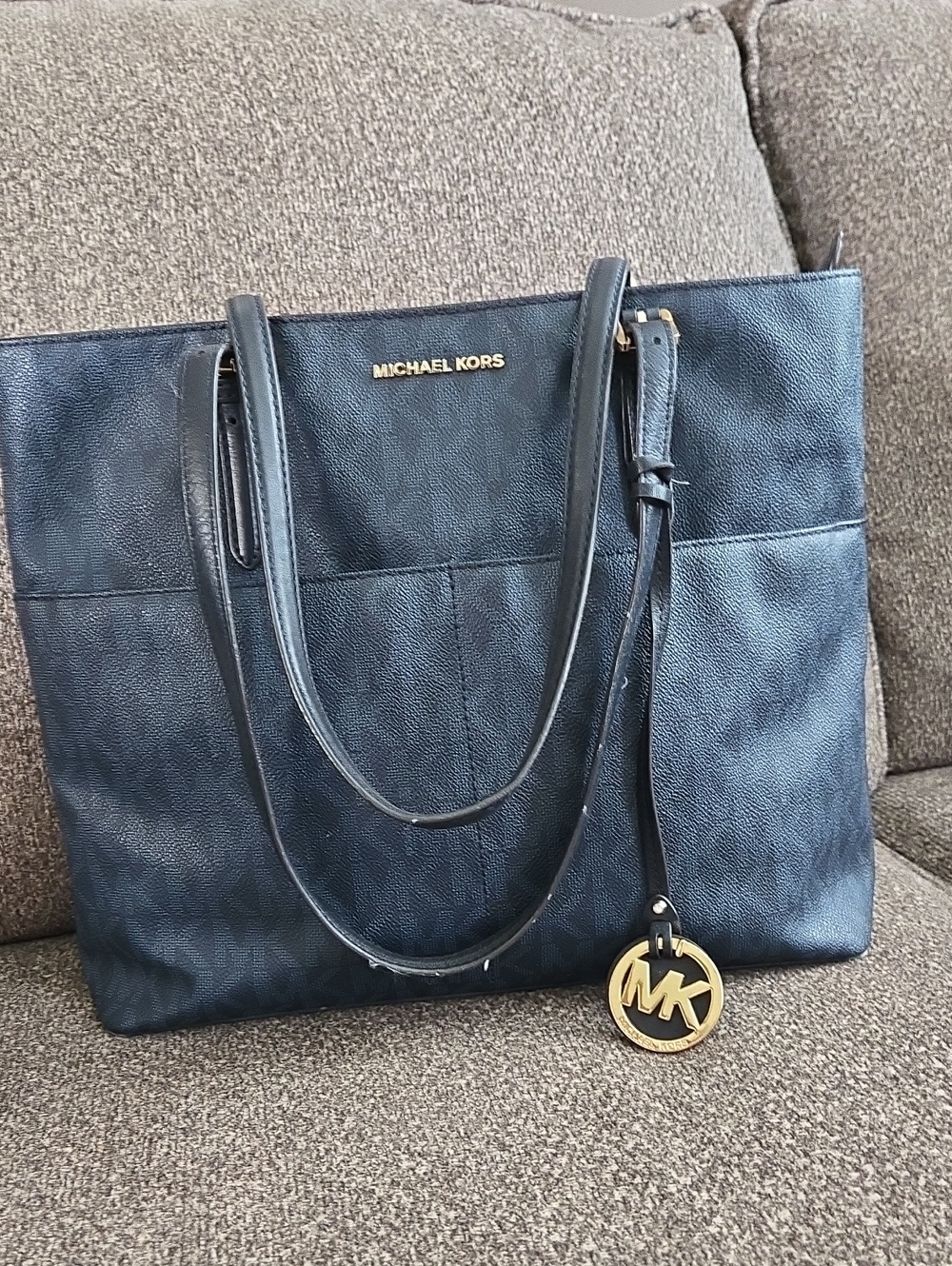 Michael Kors Navy Blue Leather Tote with Gold MK Charm